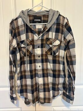 RSQ Plaid Hooded Flannel Shirt in Navy, Brown & White